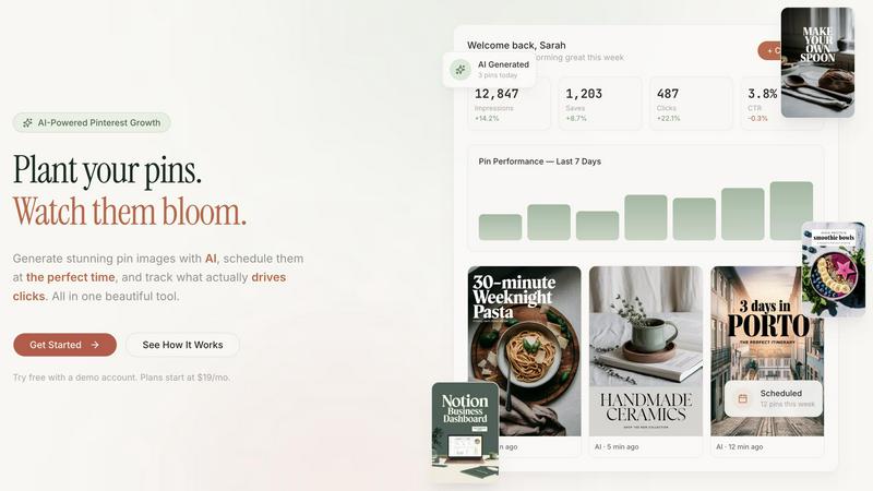 Pinvine application interface and features
