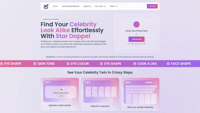 Celebrity Look Alike Finder application interface and features