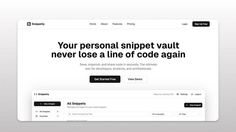 Snippetly application interface and features